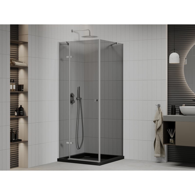 Mexen Roma pivot shower cabin 90 x 90 cm, graphite, chrome + Flat black shower tray - 854-090-090-01-40-4070