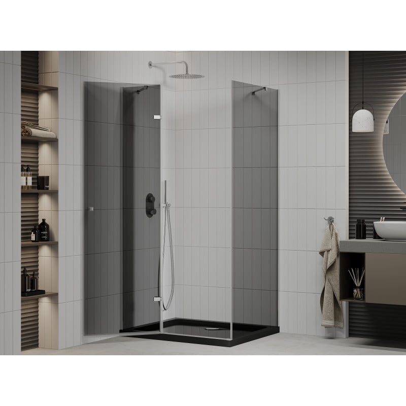 Mexen Roma hinged shower enclosure 90 x 100 cm, graphite, chrome + Flat tray, black - 854-090-100-01-40-4070