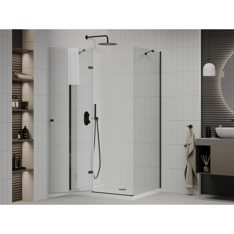 Mexen Roma swing shower enclosure 70 x 110 cm, transparent, black + Flat shower tray, white - 854-070-110-70-00-4010B