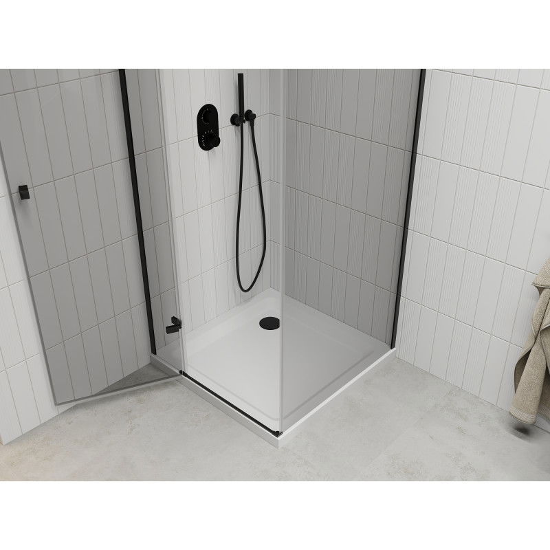 Mexen Roma hinged shower enclosure 90 x 90 cm, transparent, black + Flat shower tray, white - 854-090-090-70-00-4010B