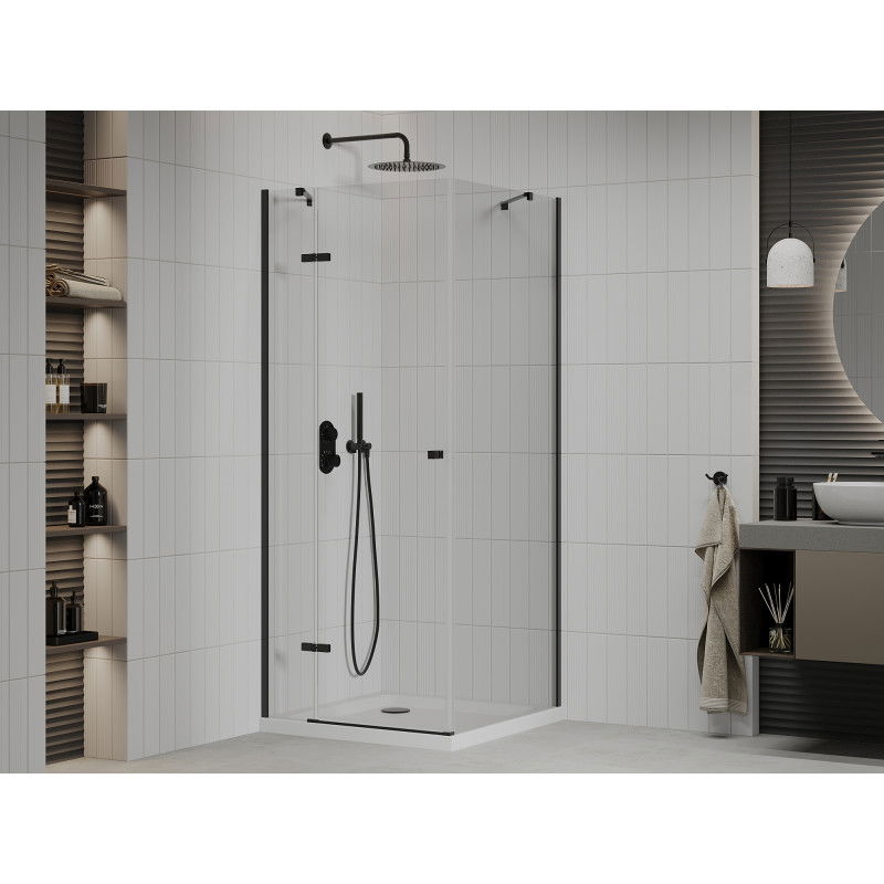 Mexen Roma hinged shower enclosure 90 x 90 cm, transparent, black + Flat shower tray, white - 854-090-090-70-00-4010B
