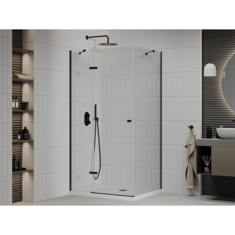 Mexen Roma 90 x 110 cm Hinged Shower Enclosure, Transparent, Black + Flat Tray, White - 854-090-110-70-00-4010B