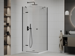Mexen Roma hinged shower cubicle 100 x 100 cm, Transparent, Black + shower tray Flat, White - 854-100-100-70-00-4010B