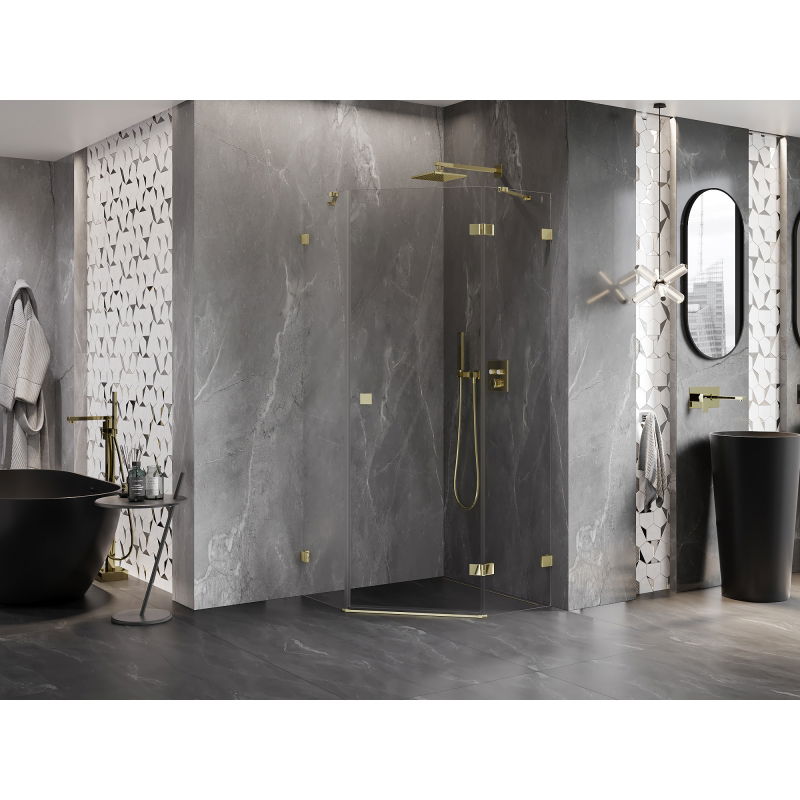 Mexen Lunar pentagonal right-side opening shower enclosure 100 x 100 cm, transparent, gold - 831-100P-100L-50-00-P