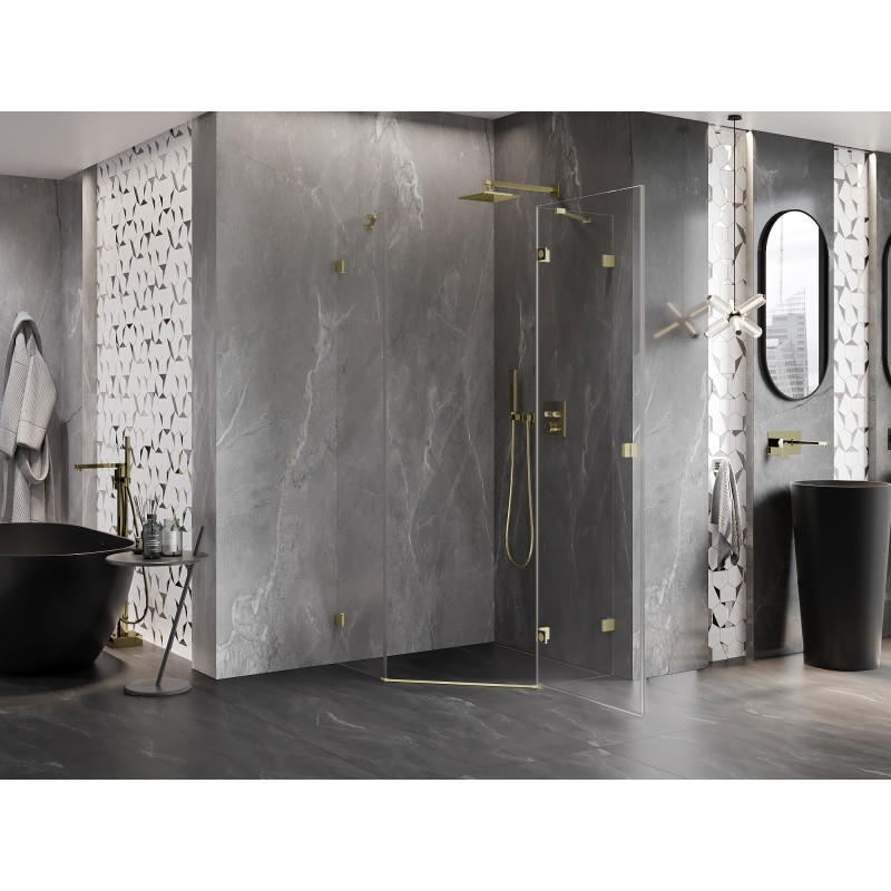 Mexen Lunar right open pentagonal shower enclosure 90 x 90 cm, transparent, brushed gold - 831-090P-090L-55-00-P