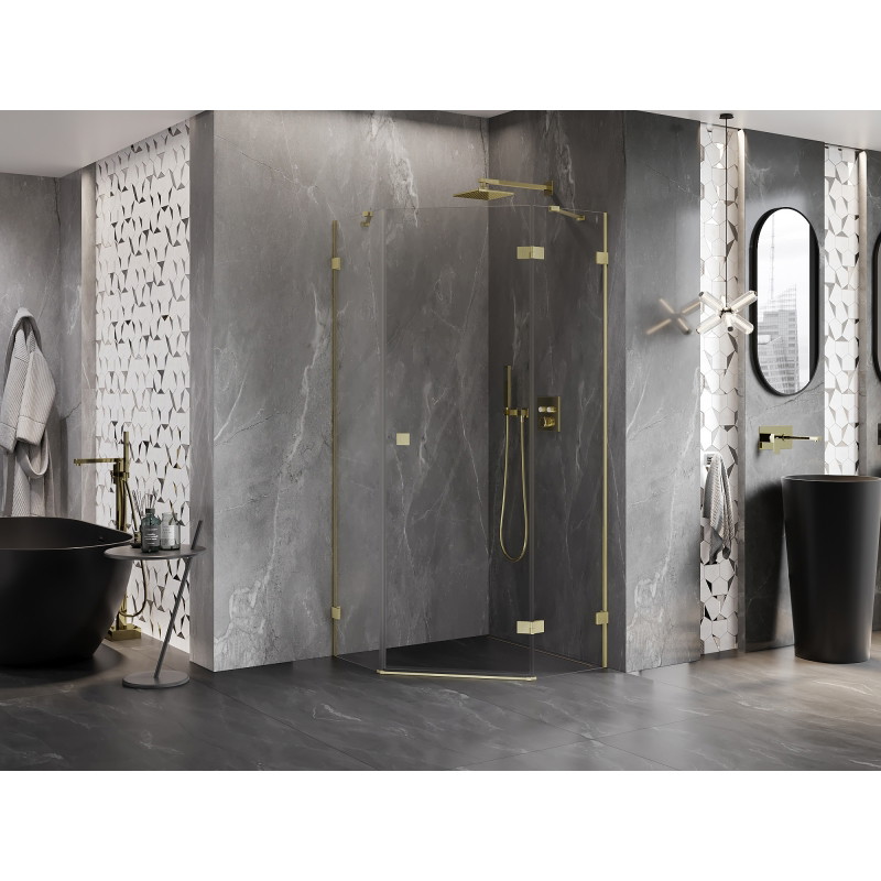 Mexen Lunar right open pentagonal shower enclosure 90 x 90 cm, transparent, brushed gold - 831-090P-090L-55-00-P