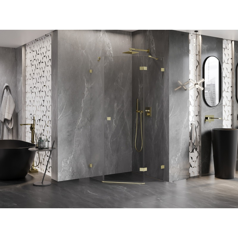 Mexen Lunar right open pentagonal shower enclosure 90 x 90 cm, transparent, brushed gold - 831-090P-090L-55-00-P