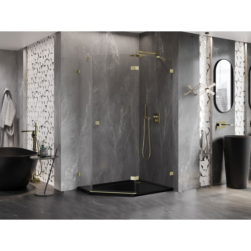 Mexen Lunar pentagonal right-hinged shower cabin 100 x 80 cm, transparent, brushed gold - 831-100P-080L-55-00-P
