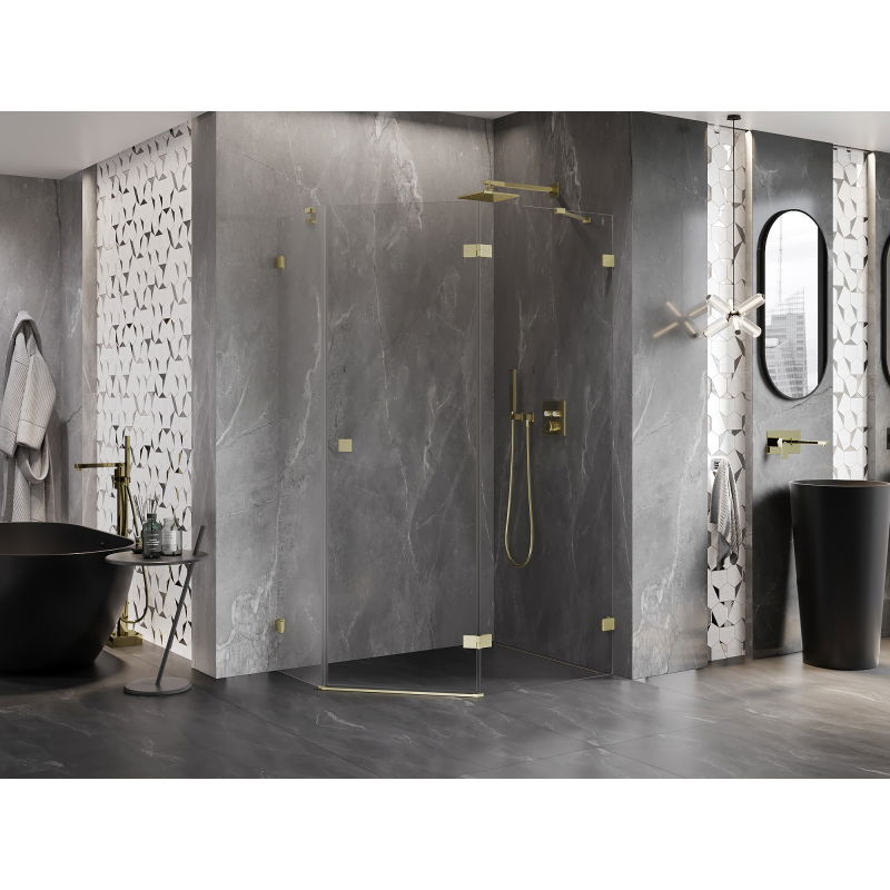 Mexen Lunar pentagonal right-hinged shower cabin 100 x 80 cm, transparent, brushed gold - 831-100P-080L-55-00-P