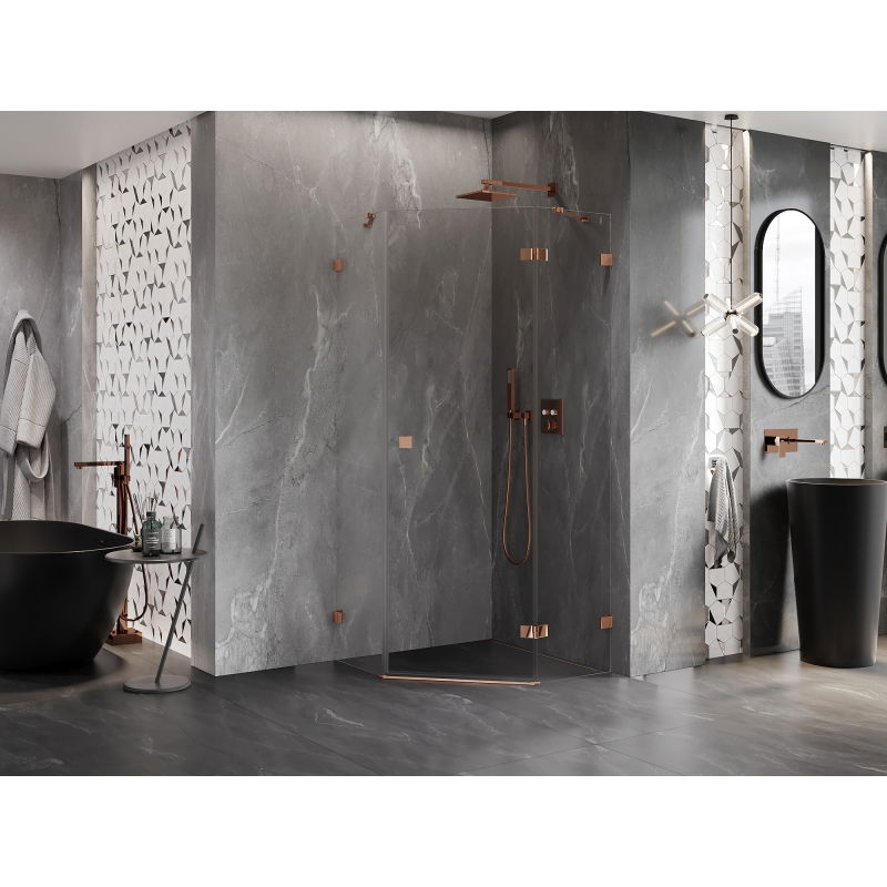 Mexen Lunar pentagonal hinged right shower enclosure 90 x 90 cm, transparent, rose gold - 831-090P-090L-60-00-P