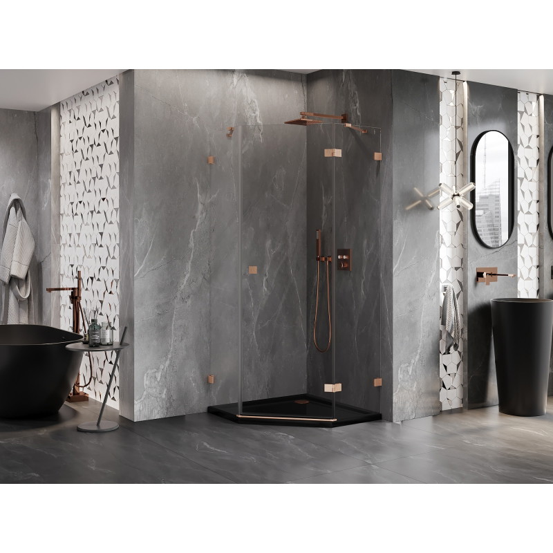 Mexen Lunar pentagonal right hinged shower cabin 90 x 90 cm, transparent, brushed copper - 831-090P-090L-65-00-P