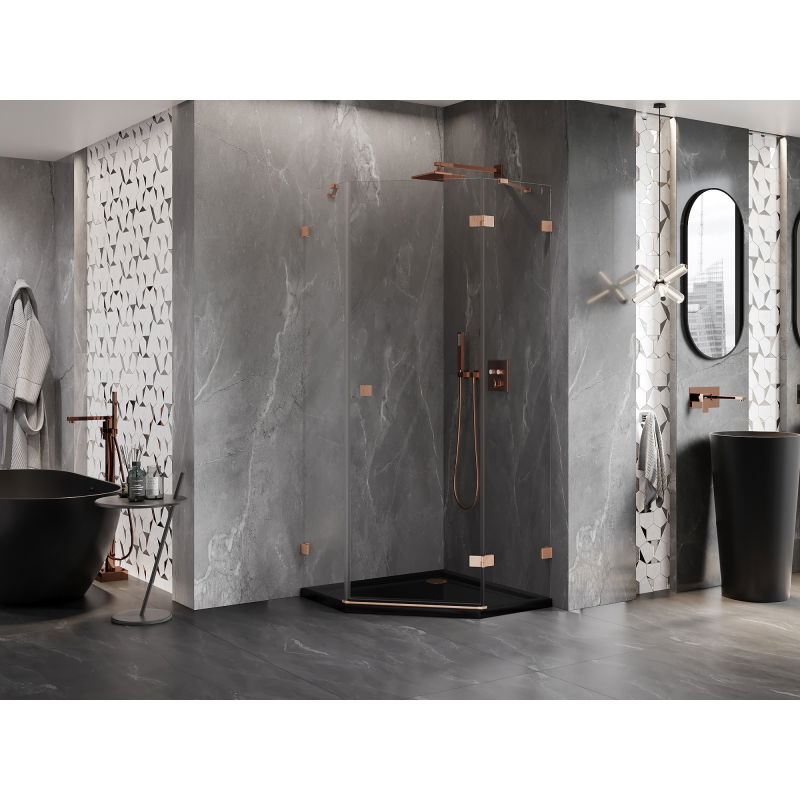 Mexen Lunar pentagonal shower enclosure right-opening 90 x 90 cm, transparent, brushed copper - 831-090P-090L-65-00-P