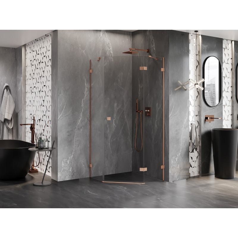 Mexen Lunar pentagonal right hinged shower cabin 90 x 90 cm, transparent, brushed copper - 831-090P-090L-65-00-P