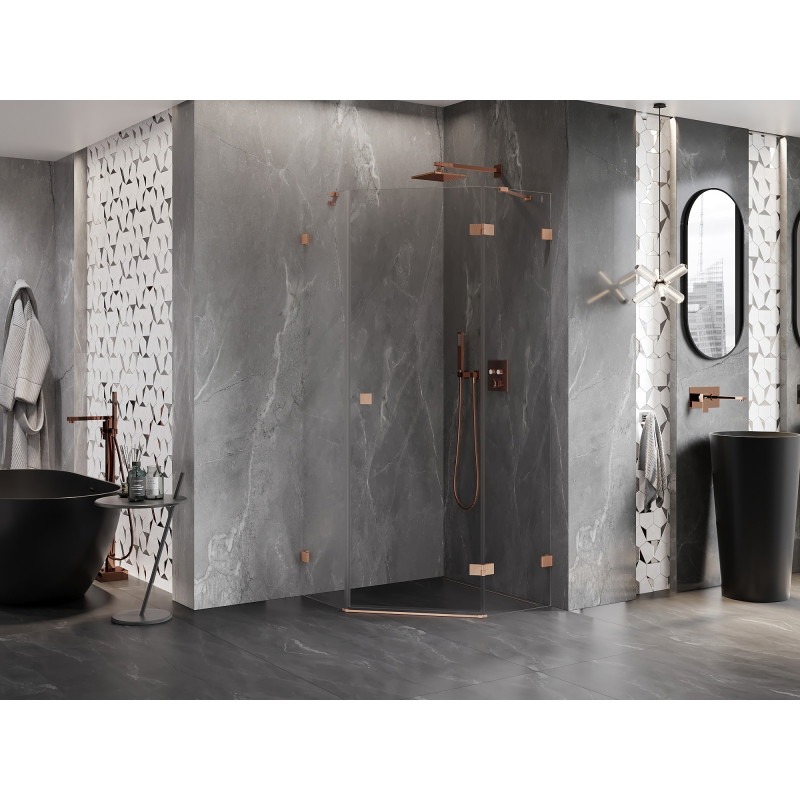 Mexen Lunar pentagonal right hinged shower cabin 90 x 90 cm, transparent, brushed copper - 831-090P-090L-65-00-P