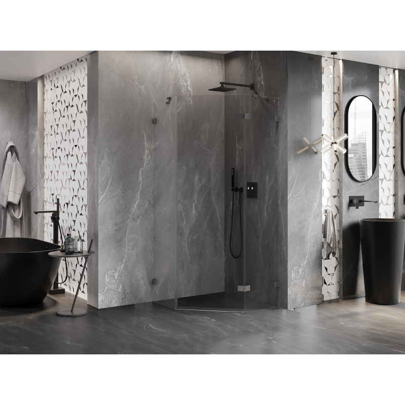 Mexen Lunar pentagonal right-hand hinged shower enclosure 90 x 90 cm, transparent, gun gray brushed - 831-090P-090L-66-00-P