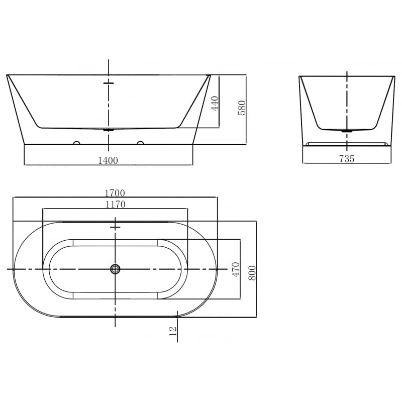 Mexen Oval Slim 170 x 80 cm Free-standing Back-to-wall Bath, White, Chrome Overflow - 52661708000-01