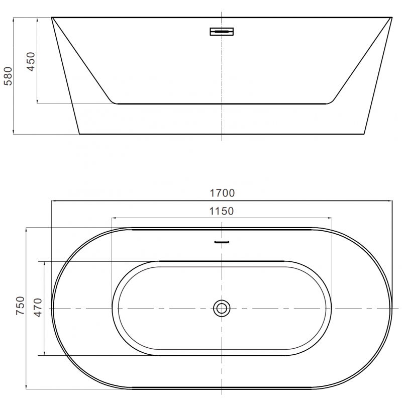 Mexen Luna Slim 170 x 75 cm Freestanding Bath, White, Brushed Copper Overflow - 52041707500-65