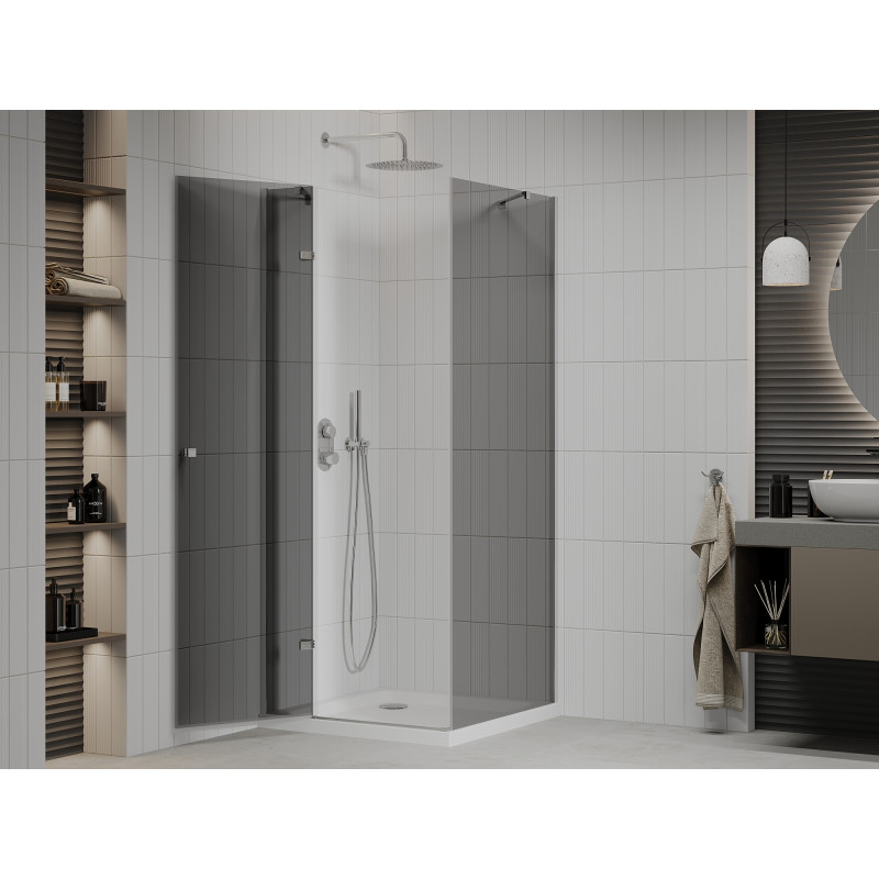 Mexen Roma swing shower cabin 100 x 100 cm, graphite, chrome + Flat shower tray, white - 854-100-100-01-40-4010