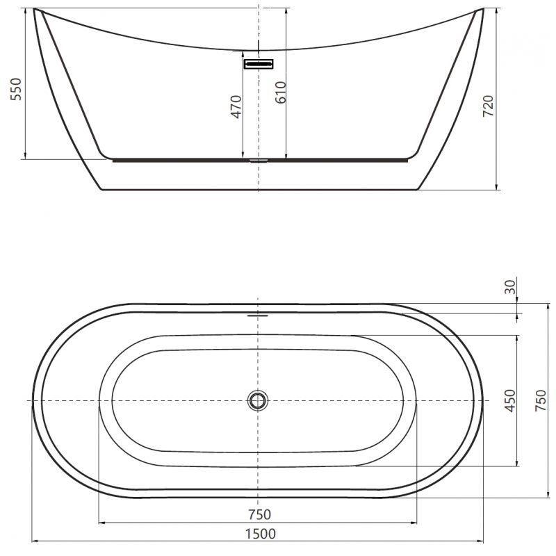 Mexen Lotos freestanding bathtub 150 x 75 cm, white, brushed nickel overflow - 52051507700-97