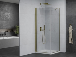 Mexen Pretoria hinged shower cubicle 70 x 70 cm, Transparent, Gold + shower tray Flat - 852-070-070-50-00-4010