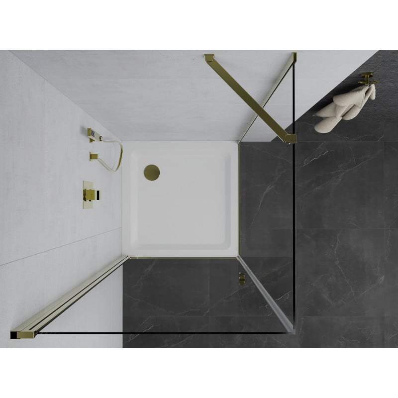 Mexen Pretoria 90 x 90 cm Hinged Shower Enclosure, Transparent, Gold + Flat Shower Tray - 852-090-090-50-00-4010