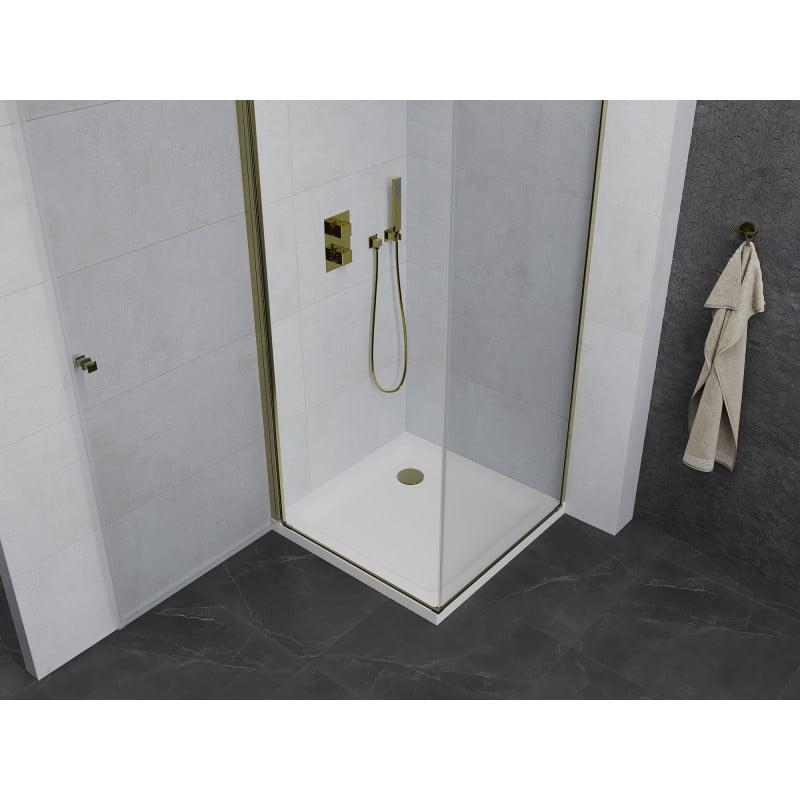 Mexen Pretoria 90 x 90 cm Hinged Shower Enclosure, Transparent, Gold + Flat Shower Tray - 852-090-090-50-00-4010