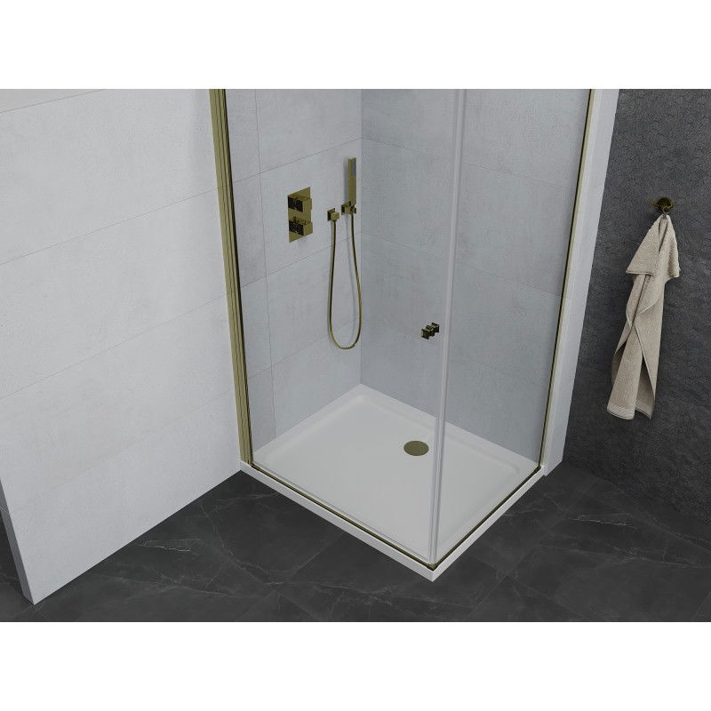 Mexen Pretoria Hinged Shower Cabin 70 x 90 cm, Transparent, Gold + Flat Tray - 852-070-090-50-00-4010