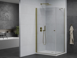 Mexen Pretoria hinged shower cubicle 70 x 100 cm, Transparent, Gold + shower tray Flat - 852-070-100-50-00-4010