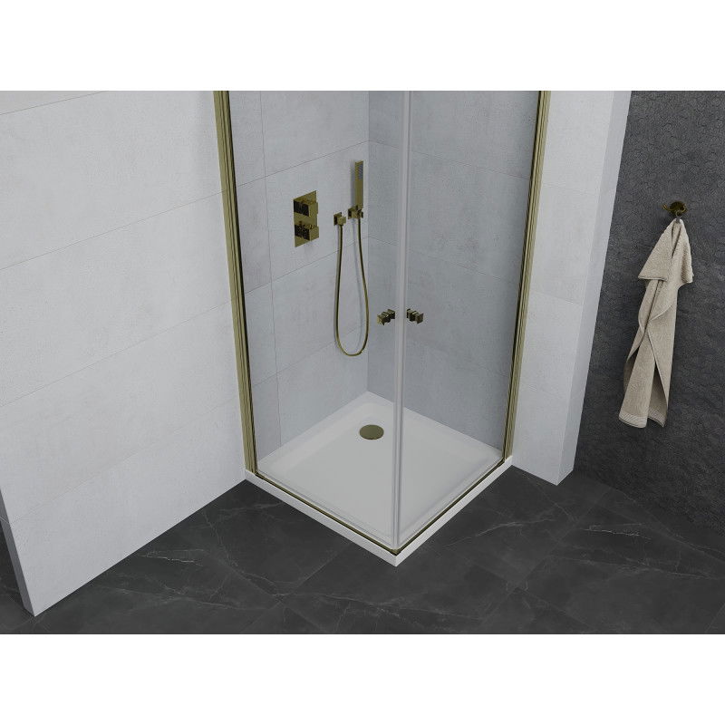 Mexen Pretoria Duo Hinged Shower Cabin 90 x 90 cm, Transparent, Gold + Flat Shower Tray - 852-090-090-50-02-4010G