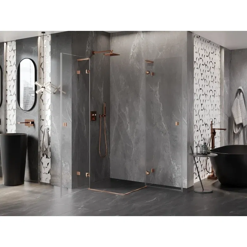 Mexen Lunar L Duo 95 x 95 cm Pivot Shower Enclosure, Transparent, Brushed Copper - 834L-095L-095P-65-00