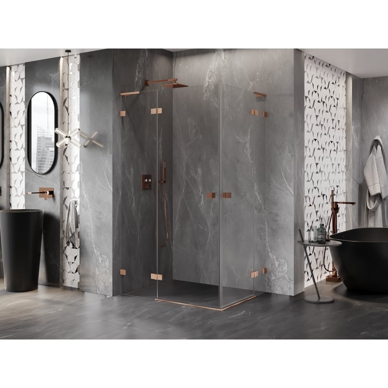 Mexen Lunar L Duo Left-Hinged Shower Enclosure 100 x 80 cm, Clear, Brushed Copper - 834L-100L-080P-65-00