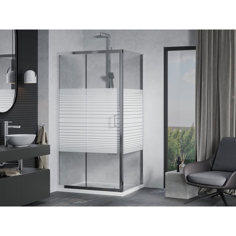 Mexen Apia sliding shower cabin 90 x 80 cm, white stripes, chrome + Flat tray - 840-090-080-01-20-4010