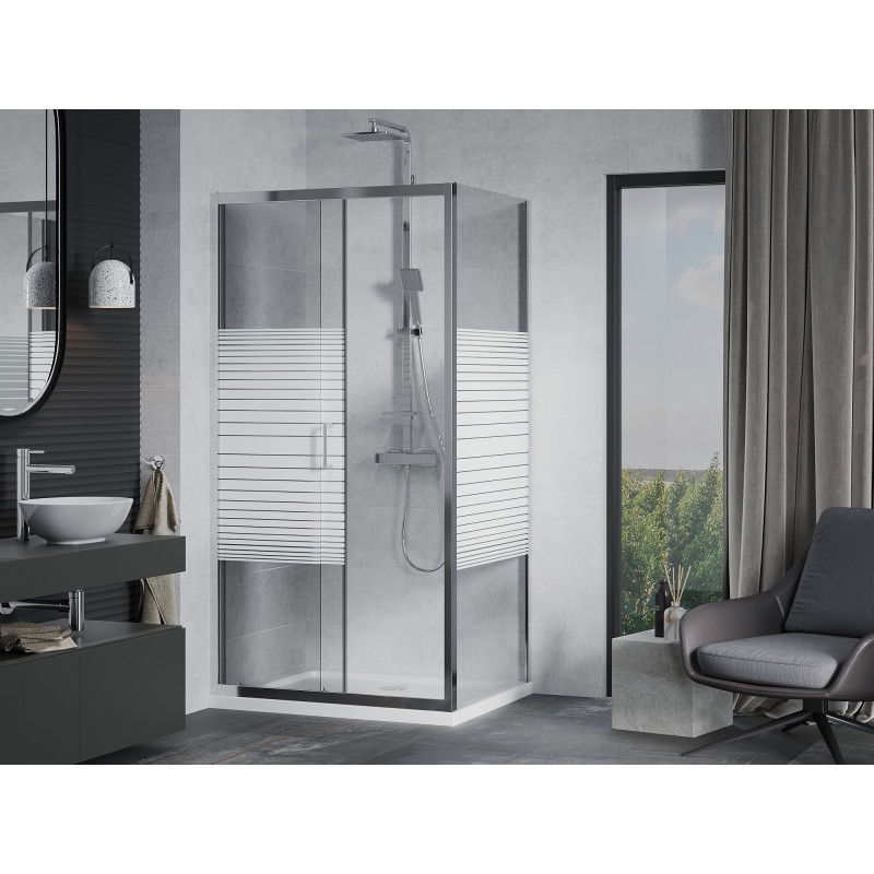 Mexen Apia sliding shower enclosure 120 x 70 cm, white stripes, chrome + Flat tray - 840-120-070-01-20-4010