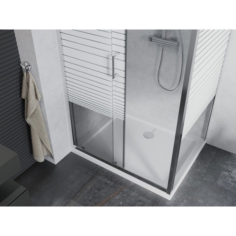 Mexen Apia sliding shower cabin 140 x 70 cm, white stripes, chrome + Flat tray - 840-140-070-01-20-4010