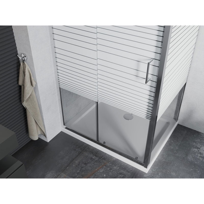 Mexen Apia sliding shower cabin 140 x 80 cm, white stripes, chrome + Flat tray - 840-140-080-01-20-4010