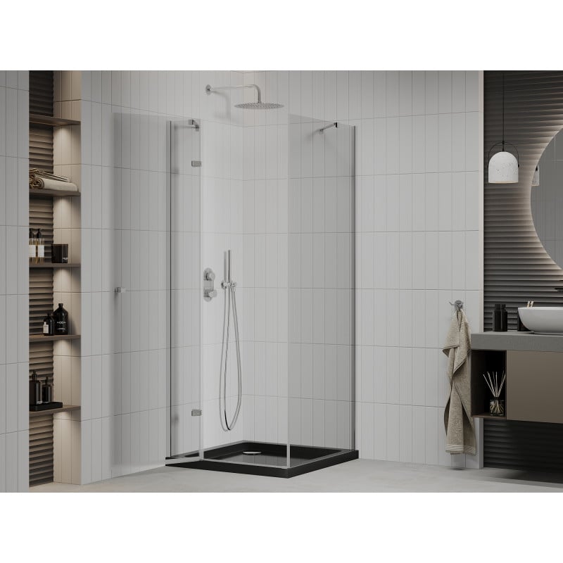 Mexen Roma swing shower cabin 80 x 80 cm, transparent, chrome + Flat shower tray, black - 854-080-080-01-00-4070
