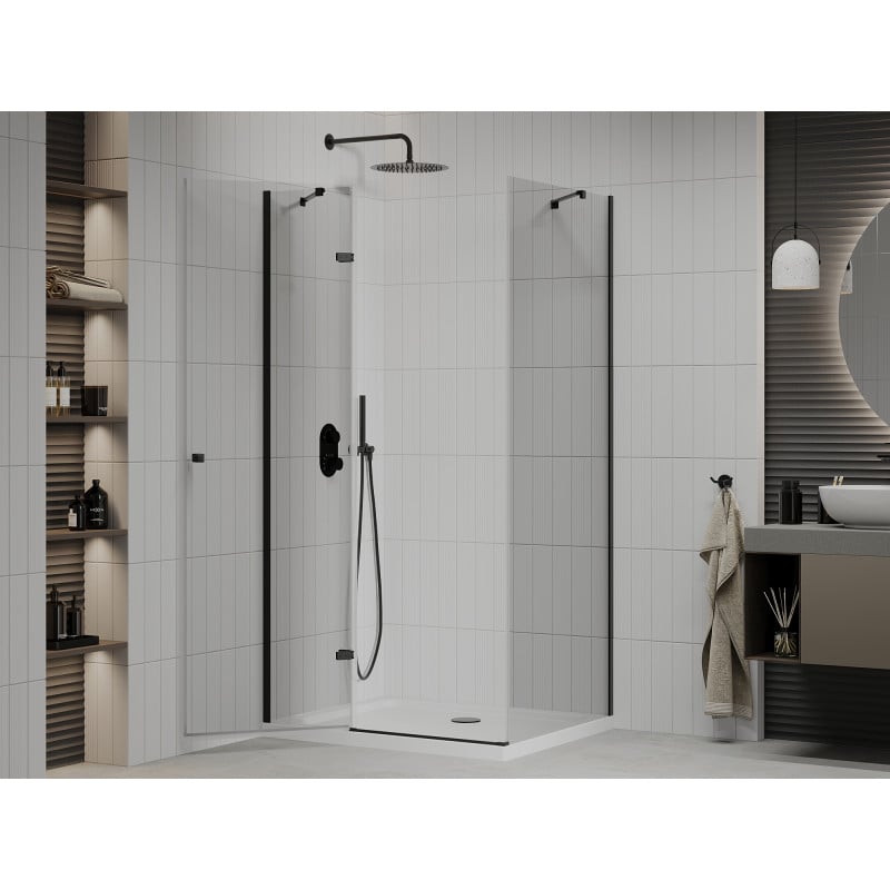 Mexen Roma 80 x 90 cm Hinged Shower Enclosure, Transparent, Black + Flat Shower Tray, White - 854-080-090-70-00-4010B