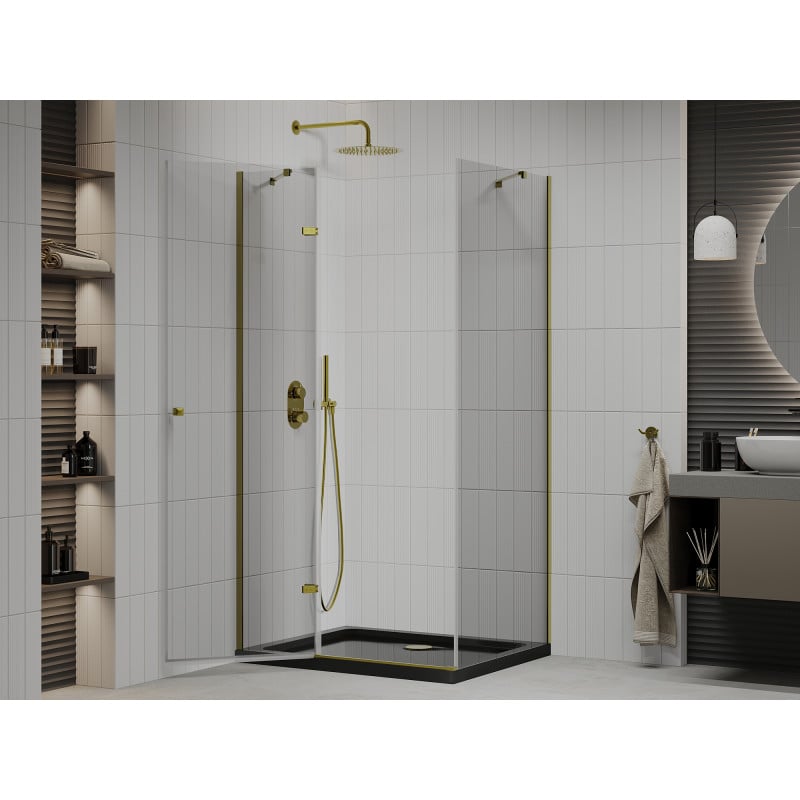 Mexen Roma swing shower cabin 100 x 80 cm, transparent, gold + Flat shower tray, black - 854-100-080-50-00-4070G