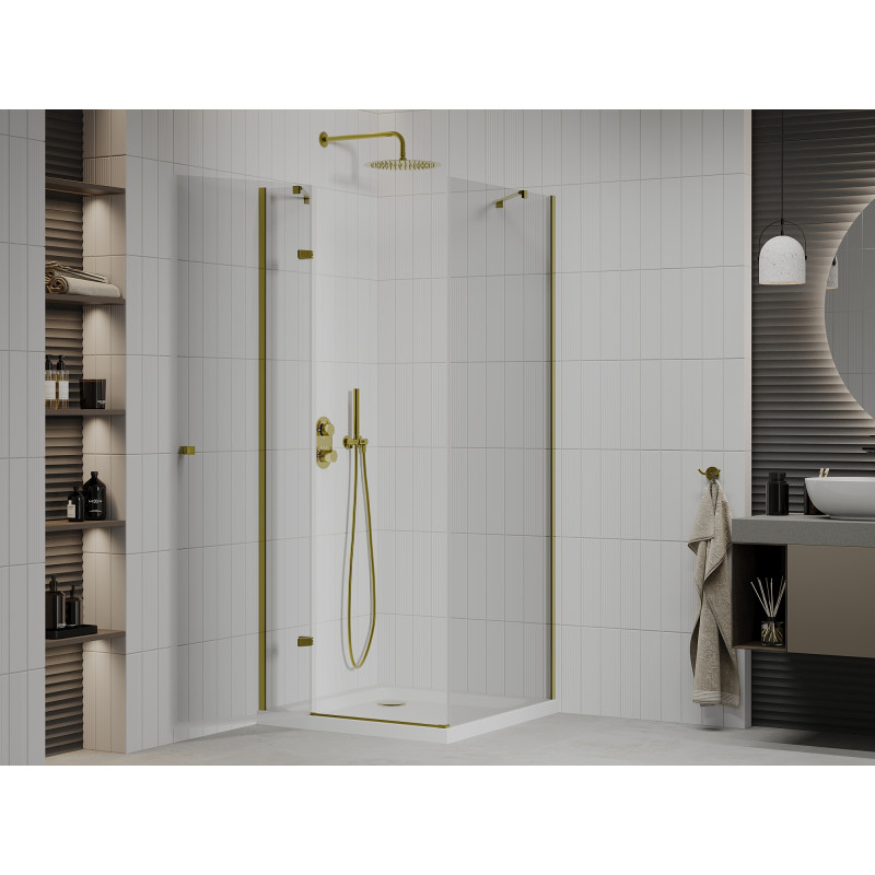 Mexen Roma 90 x 90 cm Swing Shower Cabin, Transparent, Gold + Flat Shower Tray - 854-090-090-50-00-4010