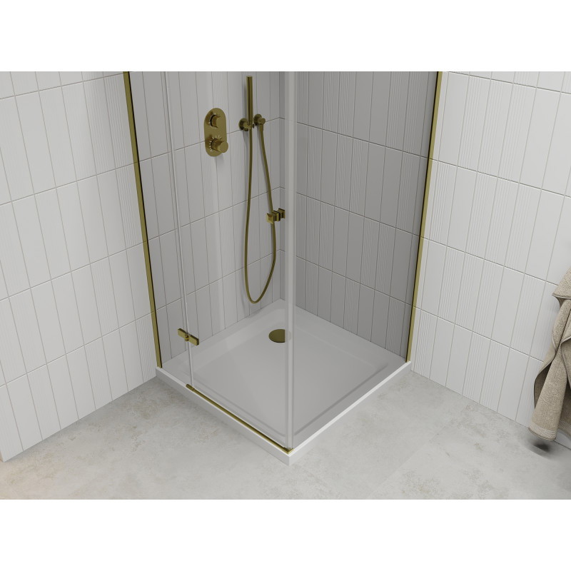 Mexen Roma 90 x 90 cm Swing Shower Cabin, Transparent, Gold + Flat Shower Tray - 854-090-090-50-00-4010