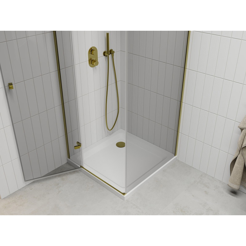 Mexen Roma 100 x 100 cm Swing Shower Enclosure, Transparent, Gold + Flat Shower Tray - 854-100-100-50-00-4010