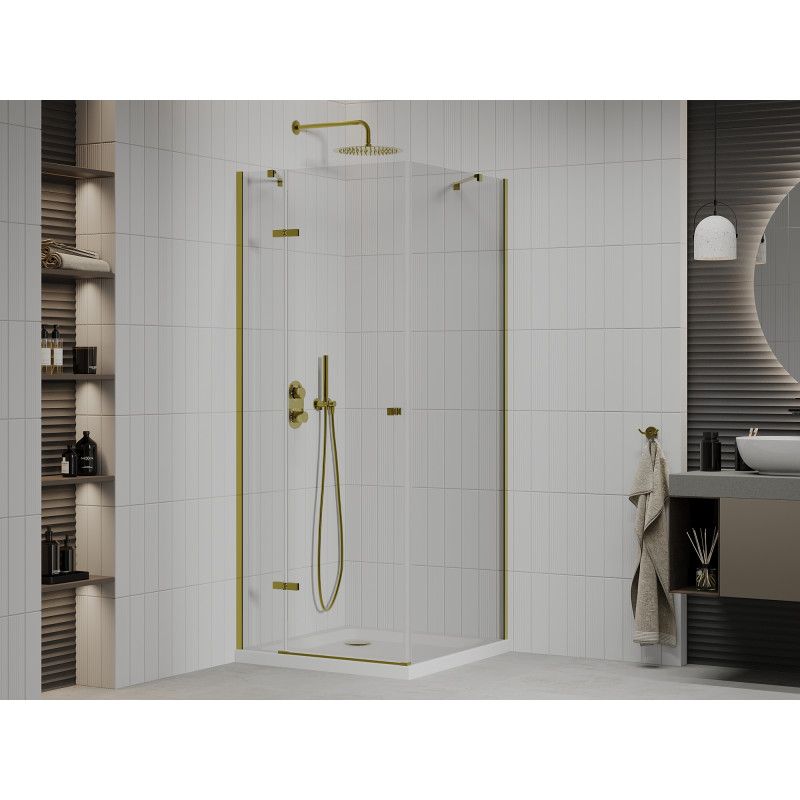 Mexen Roma 100 x 100 cm Swing Shower Enclosure, Transparent, Gold + Flat Shower Tray - 854-100-100-50-00-4010