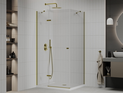 Mexen Roma hinged shower cubicle 70 x 100 cm, Transparent, Gold + shower tray Flat - 854-070-100-50-00-4010