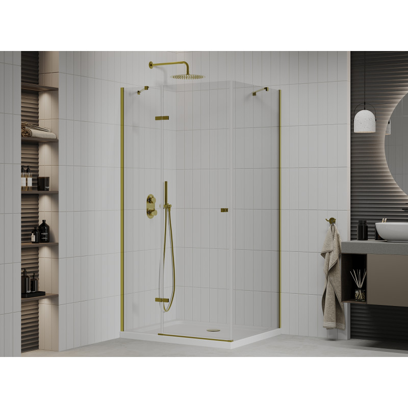 Mexen Roma pivot shower enclosure 80 x 100 cm, transparent, gold + Flat shower tray - 854-080-100-50-00-4010