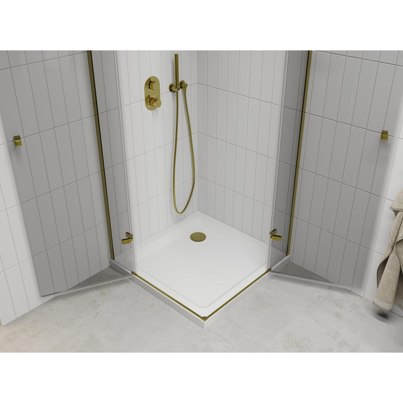 Mexen Roma Duo swing shower cabin 80 x 80 cm, transparent, gold + Flat shower tray - 854-080-080-50-02-4010G
