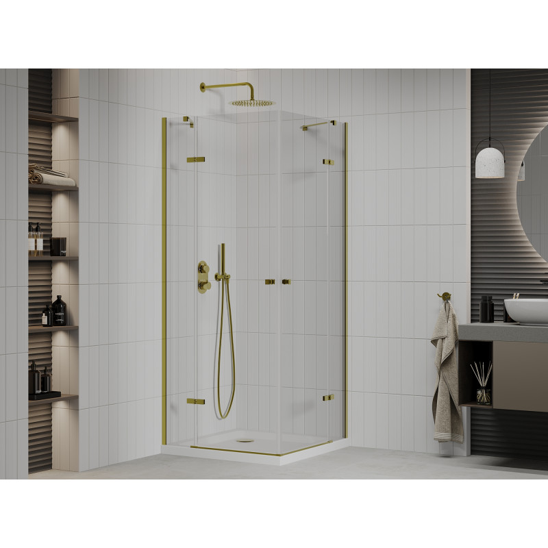 Mexen Roma Duo swing shower cabin 80 x 80 cm, transparent, gold + Flat shower tray - 854-080-080-50-02-4010G
