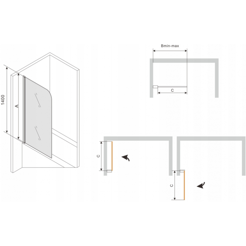 Mexen Vega rectangular bath 170 x 70 cm with enclosure and 1-wing screen 70 cm, black pattern - 550117070X9307017077
