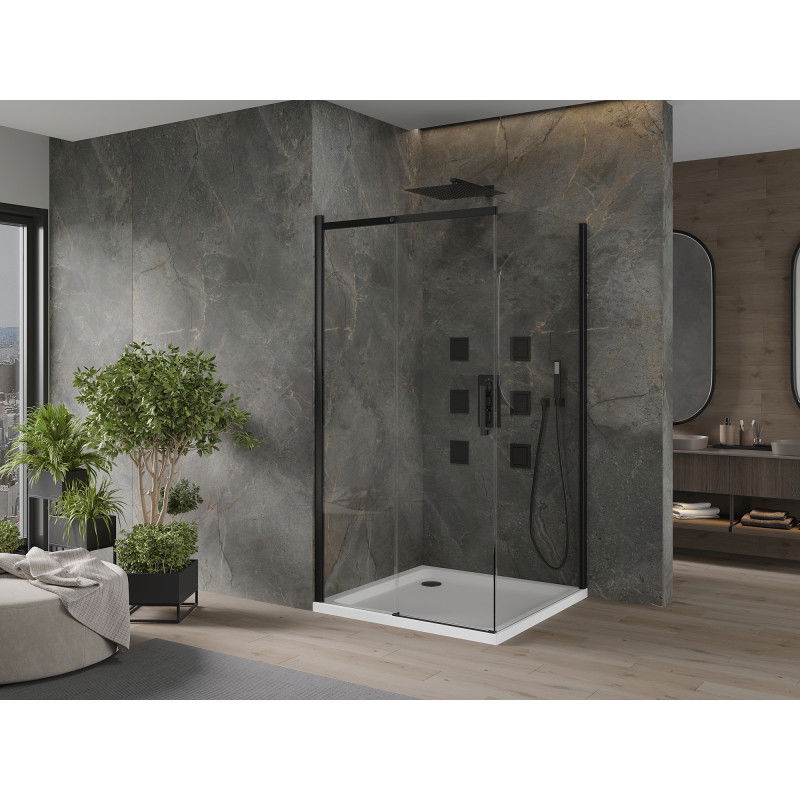 Mexen Omega sliding shower enclosure 100 x 100 cm, transparent, black + Flat shower tray, white - 825-100-100-70-00-4010B
