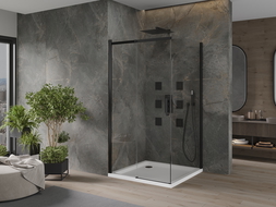 Mexen Omega extendable shower cubicle 100 x 100 cm, Transparent, Black + shower tray Flat, White - 825-100-100-70-00-4010B