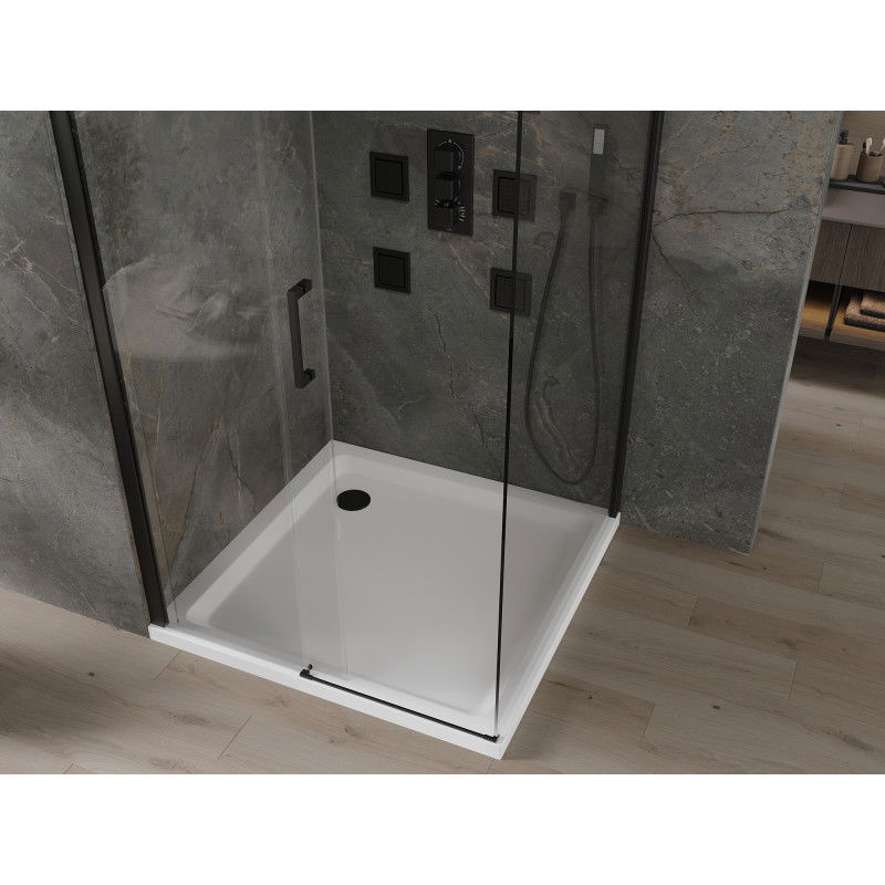 Mexen Omega sliding shower enclosure 100 x 100 cm, transparent, black + Flat shower tray, white - 825-100-100-70-00-4010B